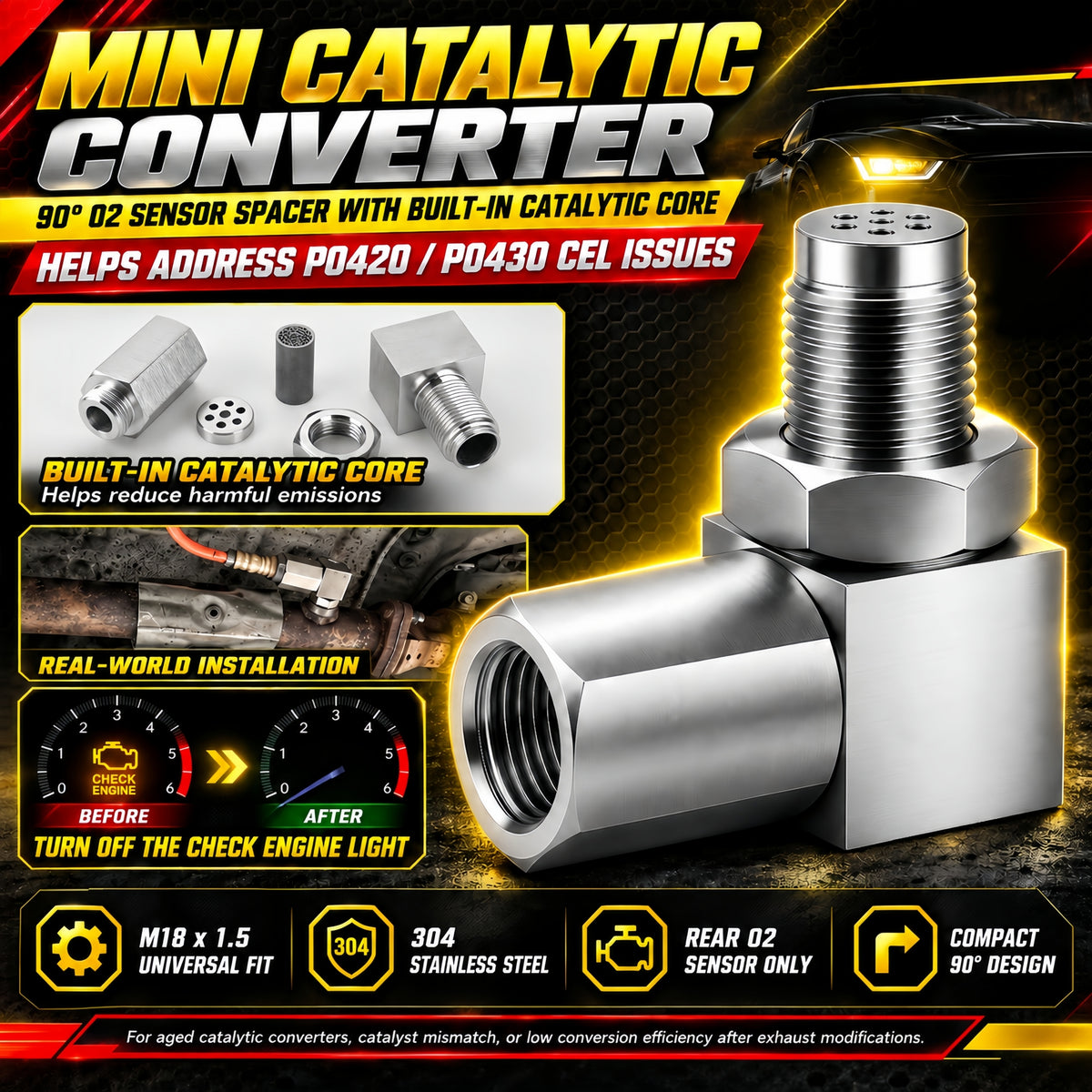NEW 90° O2 Sensor Spacer Mini Catalizador Mini Catalytic Converter to Fix CEL P0420 P0430