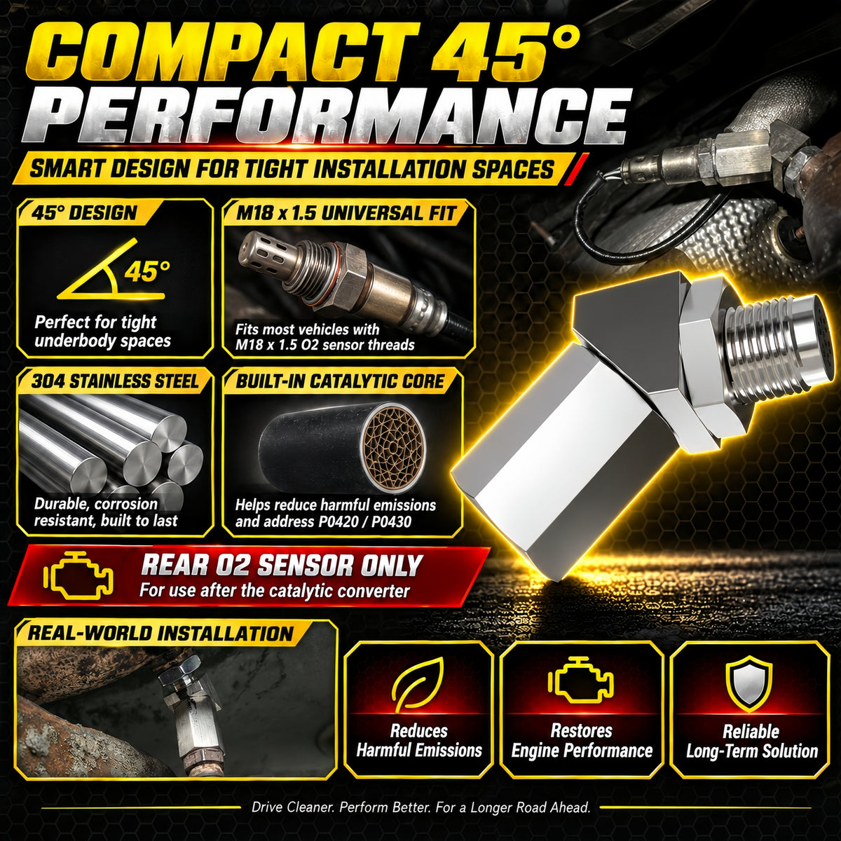 NEW 45° O2 Sensor Spacer Mini Catalizador Mini Catalytic Converter to Fix CEL P0420 P0430