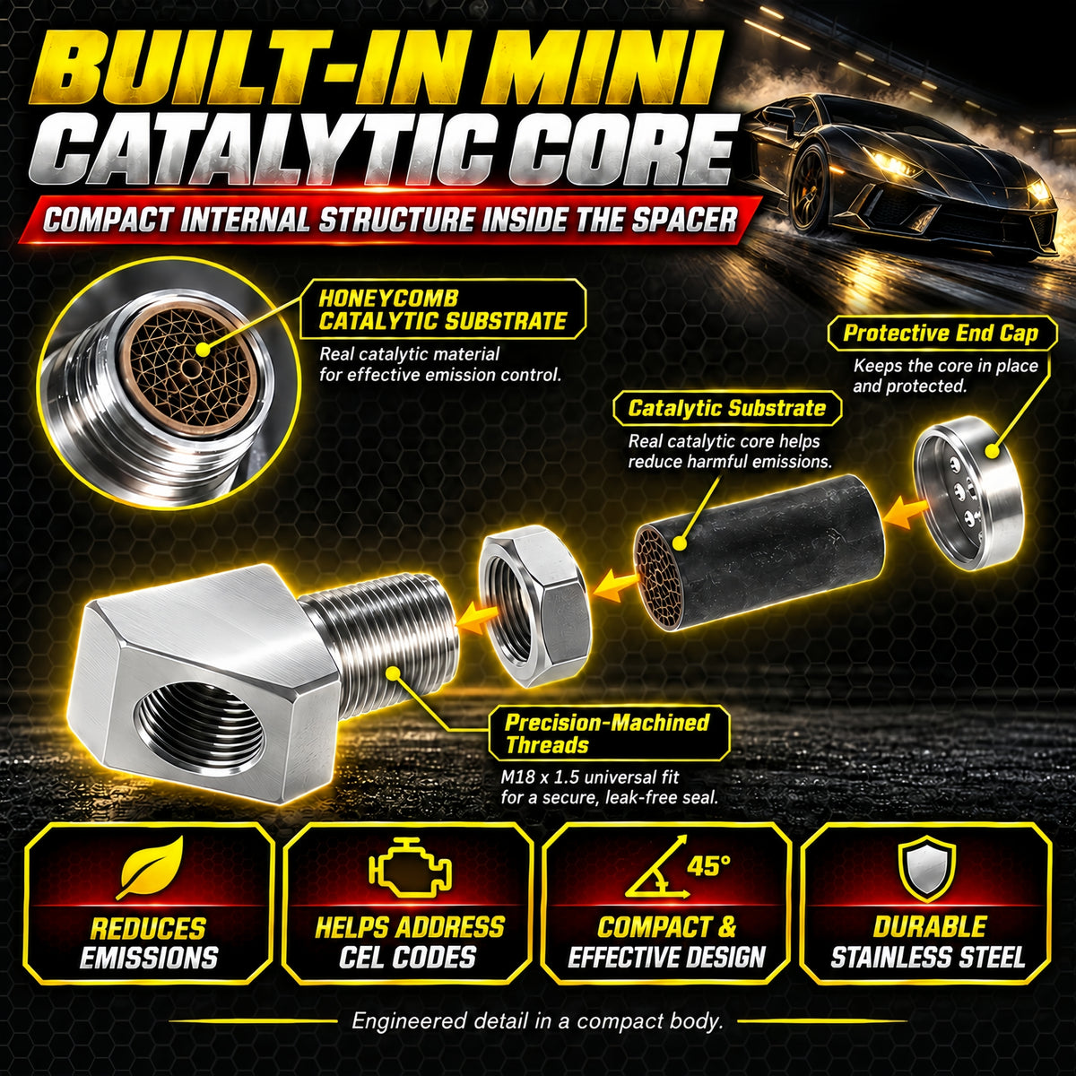 NEW 45° O2 Sensor Spacer Mini Catalizador Mini Catalytic Converter to Fix CEL P0420 P0430