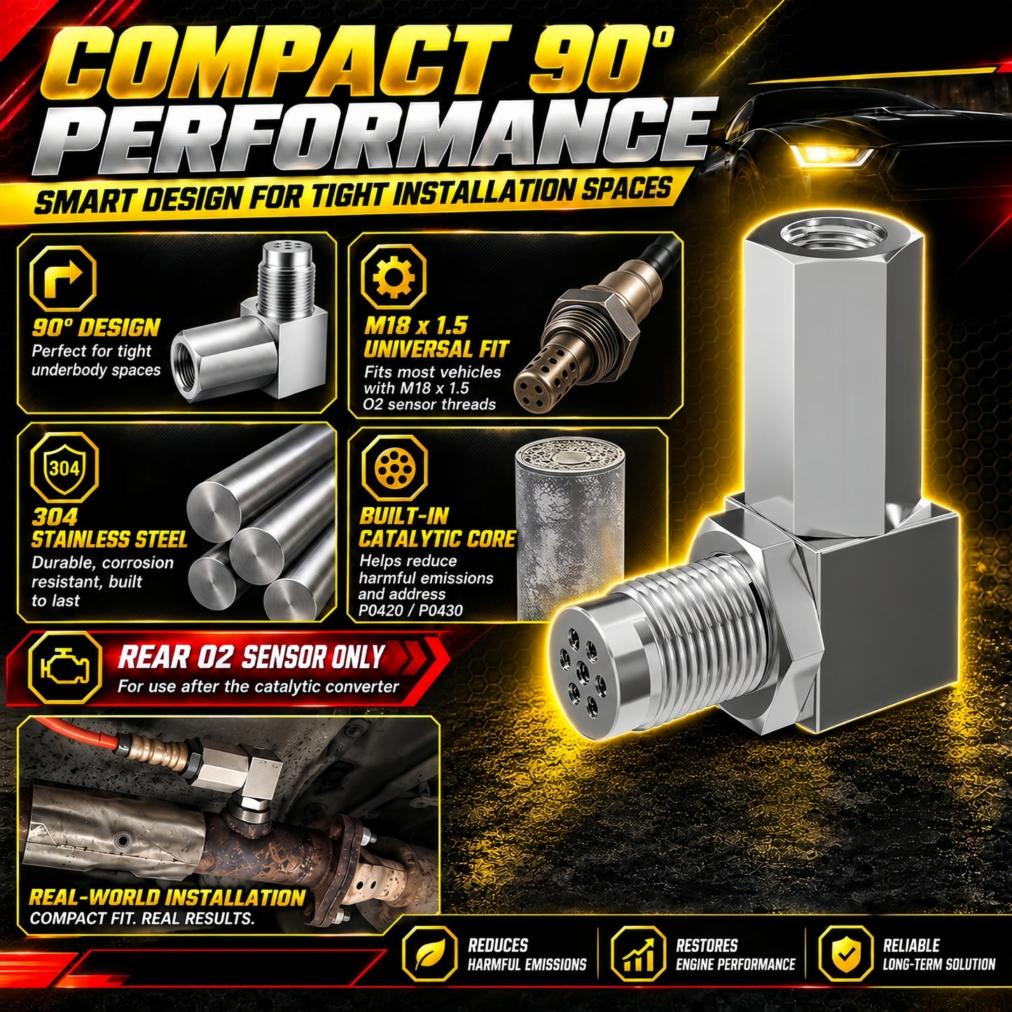 NEW 90° O2 Sensor Spacer Mini Catalizador Mini Catalytic Converter to Fix CEL P0420 P0430