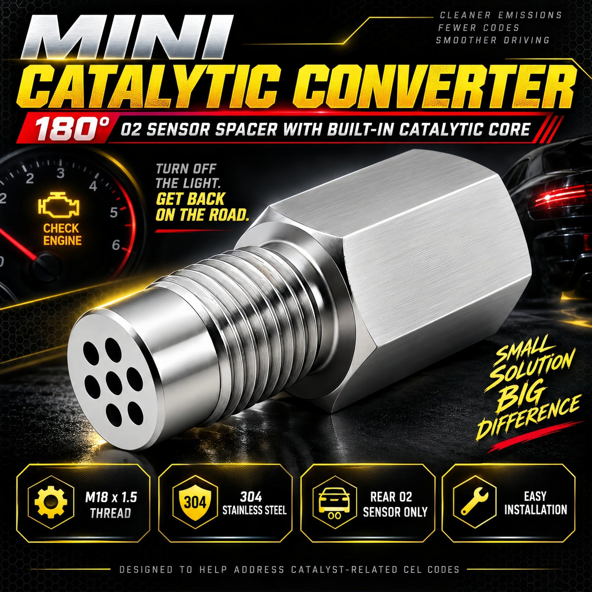 NEW 180° O2 Sensor Spacer Mini Catalizador Mini Catalytic Converter to Fix CEL P0420 P0430 - Mini Catalytic Converter