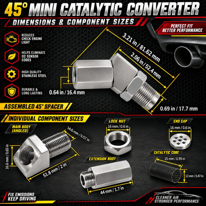 NEW 45° O2 Sensor Spacer Mini Catalizador Mini Catalytic Converter to Fix CEL P0420 P0430 - Mini Catalytic Converter