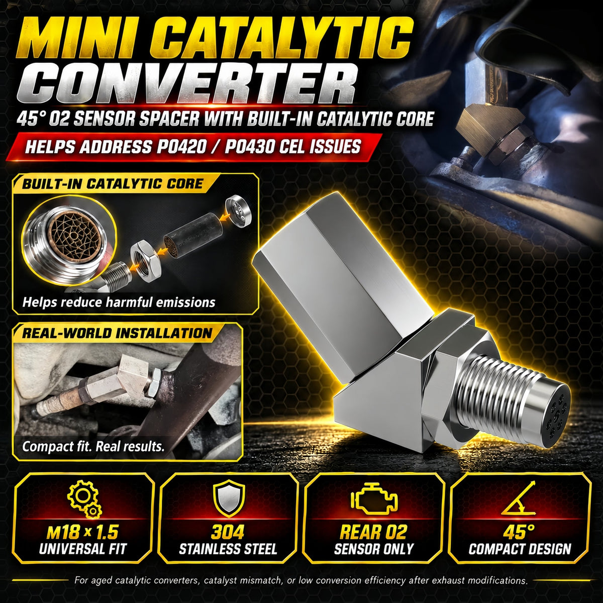 NEW 45° O2 Sensor Spacer Mini Catalizador Mini Catalytic Converter to Fix CEL P0420 P0430 - Mini Catalytic Converter