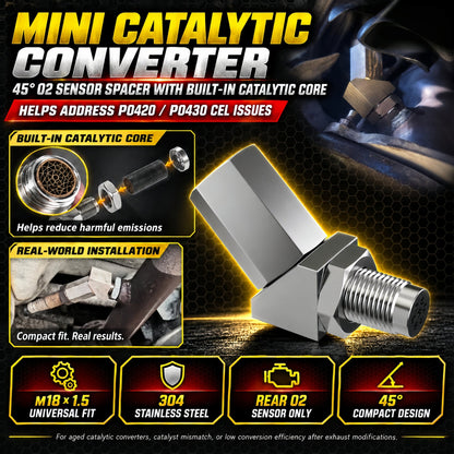 NEW 45° O2 Sensor Spacer Mini Catalizador Mini Catalytic Converter to Fix CEL P0420 P0430 - Mini Catalytic Converter