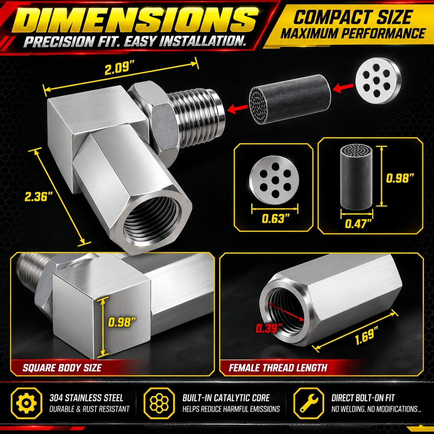 NEW 90° O2 Sensor Spacer Mini Catalizador Mini Catalytic Converter to Fix CEL P0420 P0430 - Mini Catalytic Converter