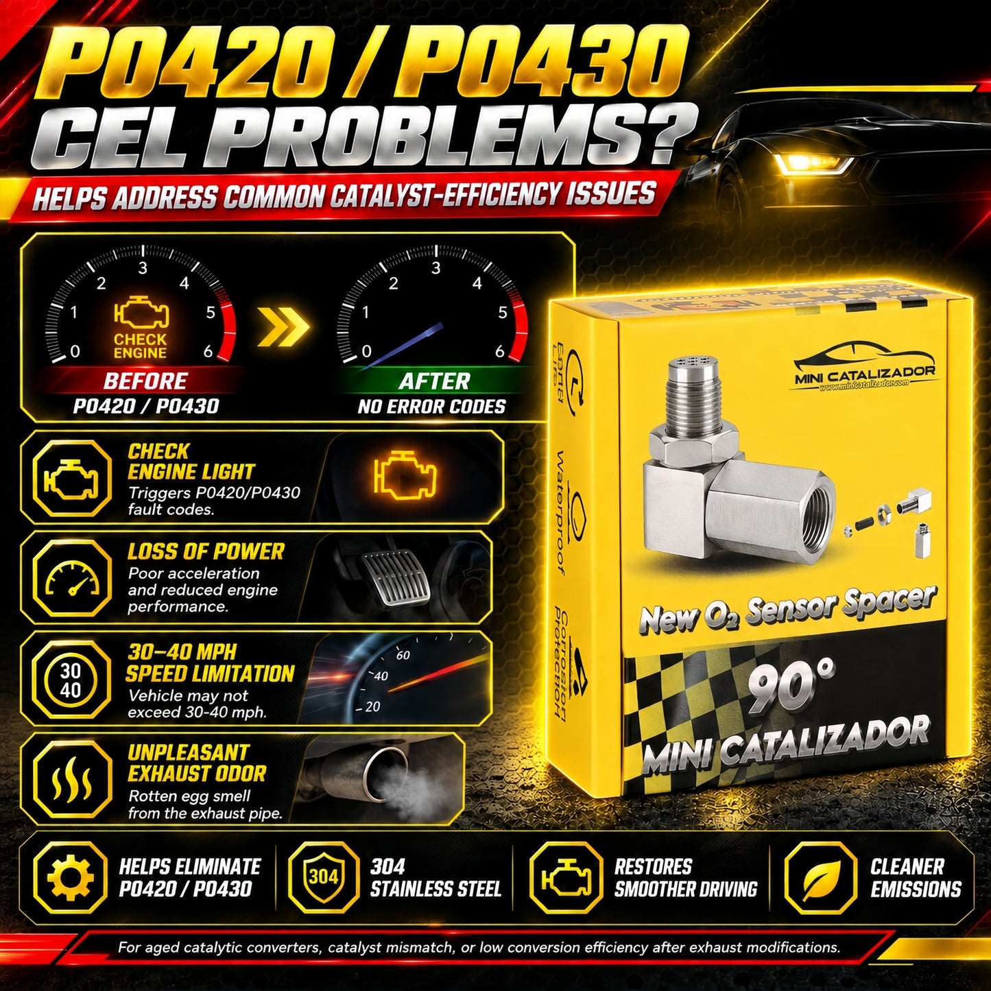 NEW 90° O2 Sensor Spacer Mini Catalizador Mini Catalytic Converter to Fix CEL P0420 P0430 - Mini Catalytic Converter